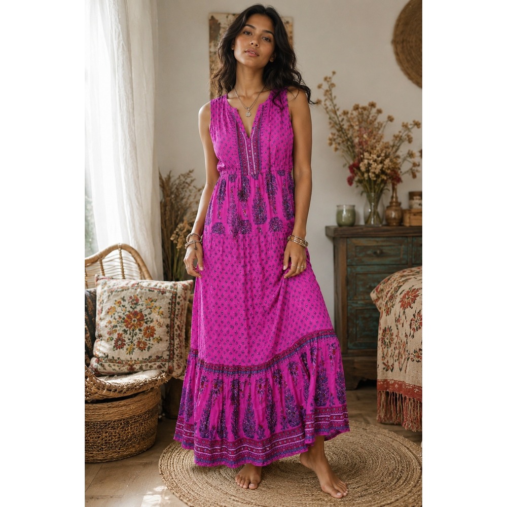 Old Navy Indie Boho Chic Maxi Dress Festival Pink Embellished Size M Party Vaca